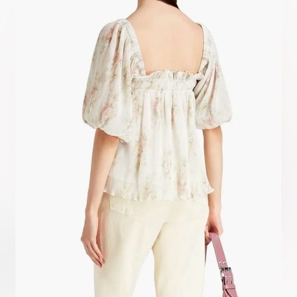 GANNI Floral Plissé Georgette Blouse with Puff Sleeves size 4 - Picture 2 of 9